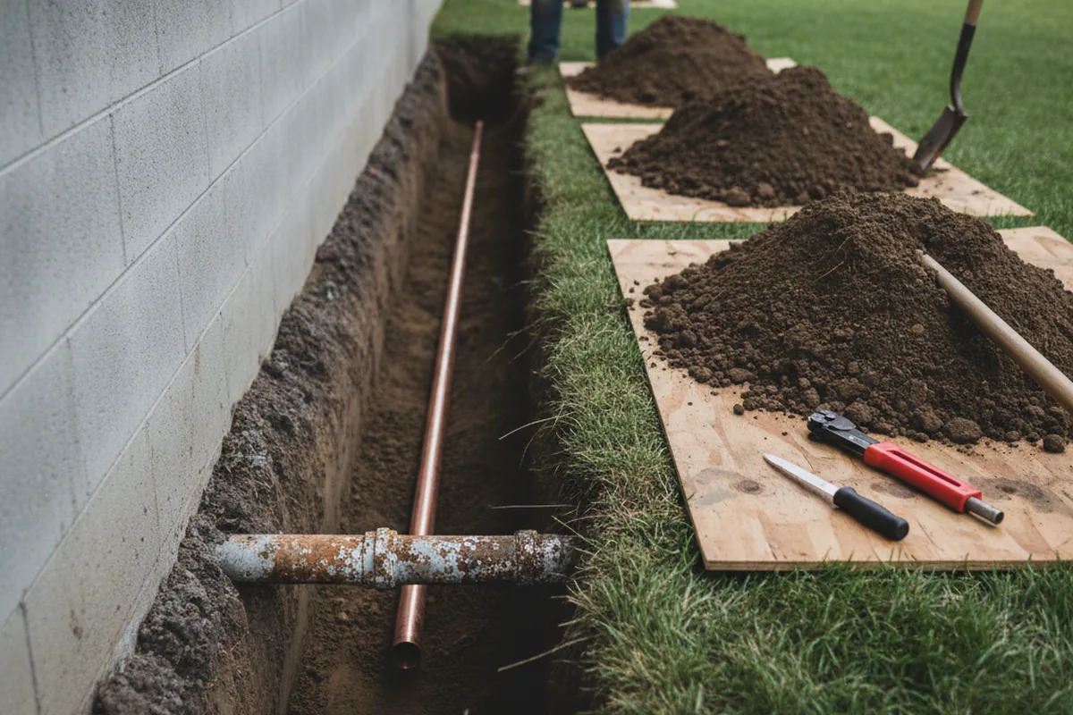 Excavated water line trench during Water Softener Installation in Renfrew